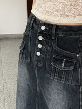 マーブルボタンポケットAラインロングデニムスカート/Muffled button pocket A-line long denim skirt