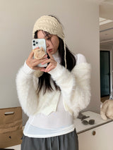 Angora hood knit zip-up