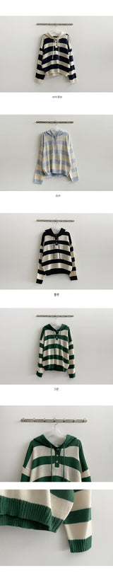Roneck button stripe hooded knitwear