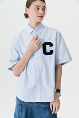Cパッチユニセックス半袖オクスフォードシャツ / C Patch Short-Sleeved Unisex Sky blue Oxford Shirt