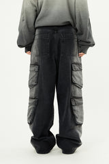 Heavy multi cargo side brush denim pants