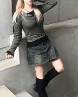 vintage layered unbalanced cargo denim pantskirt