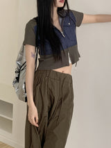 S-ヤングワッフルデニムカラーリングツーウェイクロップ半袖ジップアップ/S-young waffle denim coloring two-way crop short-sleeved zip-up