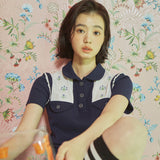 フラワー エンブロイド カラー Tシャツ / [LINE] Flower Embroidered Collar T-shirt