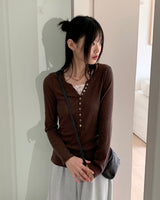 Toot lace layered button ribbed long-sleeve knitwear