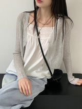 リーミングサマーシースルーワンボタンクロップ長袖カーディガン【6色】/[6 colors] Leoming summer see-through one-button cropped long-sleeved