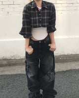 ビンテージヒップホップチェッカードクロップシャツ