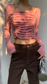 Must-have shirring long-sleeved T-shirt