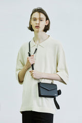 スクエアチェスト ジッパーアップ ポロニットTシャツ / square chest zipper-up polo knit t-shirt cream