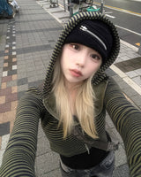 ストライプ2wayクロップフードジップアップ