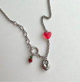 キッチーチェリービーズハートロックハンドメイドネックレス / chi Kitchee Cherry Beads Heart Lock Handmade Necklace