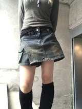 vintage layered unbalanced cargo denim pantskirt