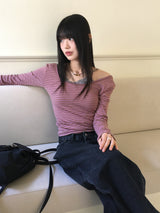 Gtel Vintage Striped Deep U-Neck Long Sleeve T-Shirt