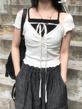 romantic lovely ribbon choker frill ribbed T-shirt