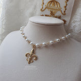 Fleur De Lis Pearl Choker Necklace  - Gold