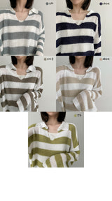 ヒティーブックルカラーストライプニットウェア / Hitty Bookle Collar Striped Knitwear