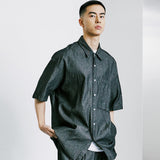フロントシームウォッシュドデニムシャツ / FRONT SEAM WASHED DENIM SHIRT BLACK