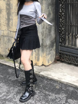 High-Waist Cutting Damage Pleated Skirt