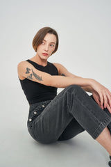 ボタンドストレートデニムジーンズ / BUTTONED STRAIGHT BLACK GRAY DENIM JEAN [6879]