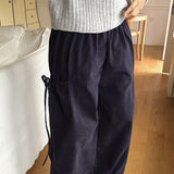 Hoel ピーチフリースリボンストリングカーゴバンディングコットンロングワイドパンツ