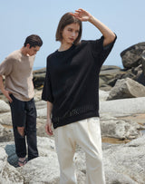 オーバーサイズ フィッシュネット ディテール SS スウェット / OVERSIZED FISHNET DETAIL SS SWEATER BLACK