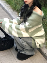 Off-shoulder Oversized Fit Stripe Knitwear