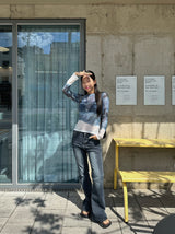 Denim see-through long sleeve top
