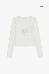Waffle string scoop-neck long sleeve