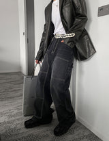 No.0372 double knee black denim wide PT