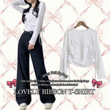 Myring Ribbon Side Shirring Semi-Crop Long Sleeve Tee (4 colors)