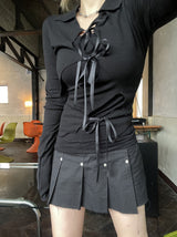 ストラップスリットカラーリボンTシャツ / Strap slit collars ribbon T-shirt