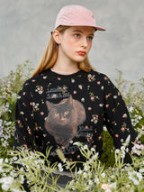 フラワーキャットレタリングスウェットシャツ / Flower Cat Lettering Sweatshirt (Black)