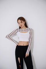 ラインブラックホールメッシュクロップTシャツ / TOP(9369) Line Black Hole Mesh Crop Tee