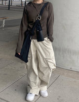 ワッフルカットアウトダイアゴナルニットフード / Waffle cut diagonal knit hood