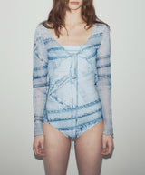 デニムプリントシースルーカーディガン / DENIM PRINTED SEE-THROUGH CARDIGAN (BLUE)