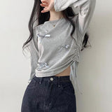 Myring Ribbon Side Shirring Semi-Crop Long Sleeve Tee (4 colors)