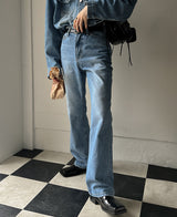 カラーレスブーツカットデニムパンツ/Collarless bootcut denim