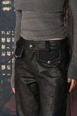 クラックレザーブーツカットパンツ / CRACK LEATHER BOOTS CUT PT (BLACK)