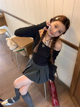 リボンオフショルダーバックレス長袖Tシャツ