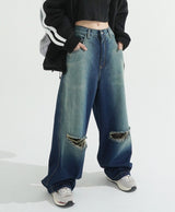 Sand Cutting Maxi Wide Denim Pants