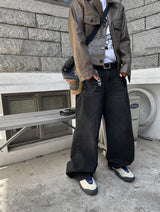 スナップワイドブラックデニムパンツ