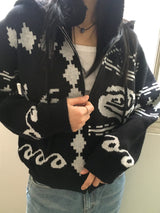 Beorose jacquard pattern hooded knit zip-up