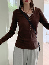Toot lace layered button ribbed long-sleeve knitwear