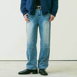 STRAIGHT DOUBLE KNEE WASHED DENIM PANTS BLUE