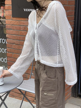 ティシュサマーネットボタン長袖フードカーディガン / Tish Summer Net Button Long-Sleeve Hood Cardigan