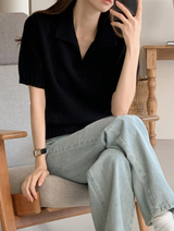 Basic Crop Collar Short Sleeve Knit (3color)