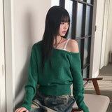 Rechel Cashmere Wool Uncut Deep U-neck Off-Shoulder Crop Long Sleeve Knit