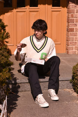 ライトグリーンCパッチvネックニットベストユニセックス / Light Green C Patch V-neck Ivory Knitwear Vest