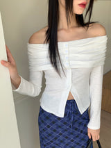 Iku striped button slit off-shoulder long sleeve T-shirt