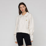 [UNISEX] White flower embroidery half zip-up clip Collar sweatshirt (6690661597302)